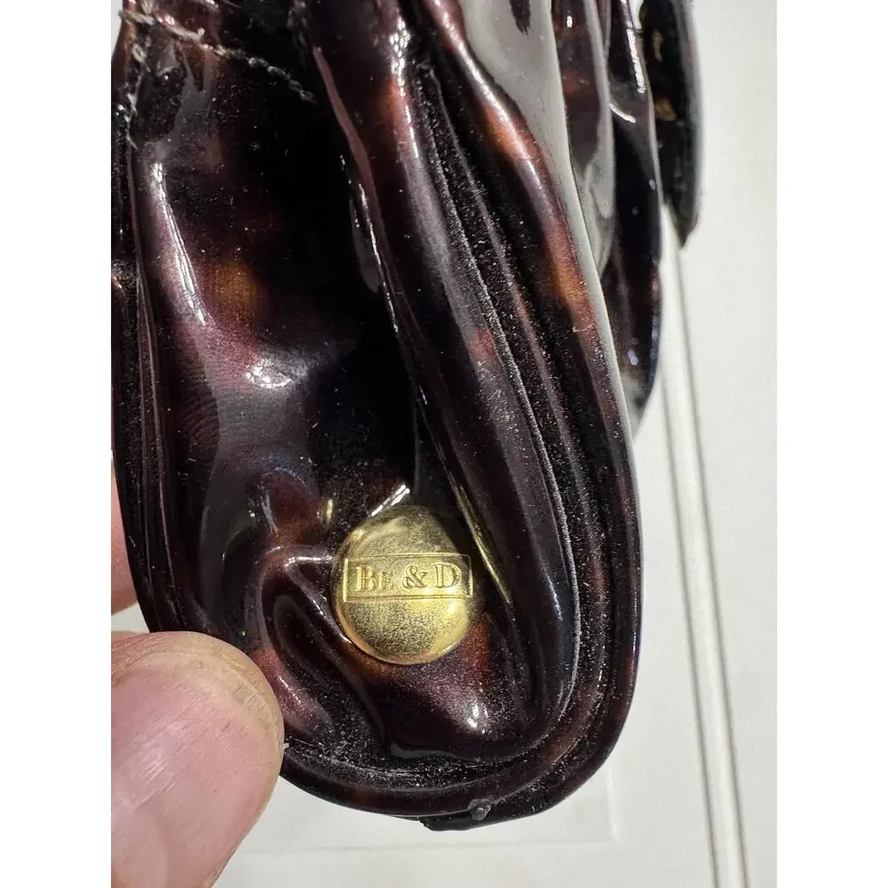 BE & D Patent Tortoise Shell Leather Fold Over Clutch Handbag Gold Buckle